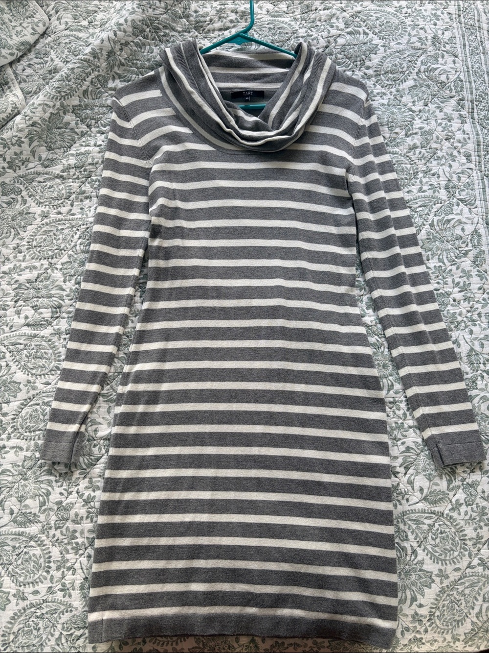 Tart Gray and White Striped Cowl Neck Sweater Dress